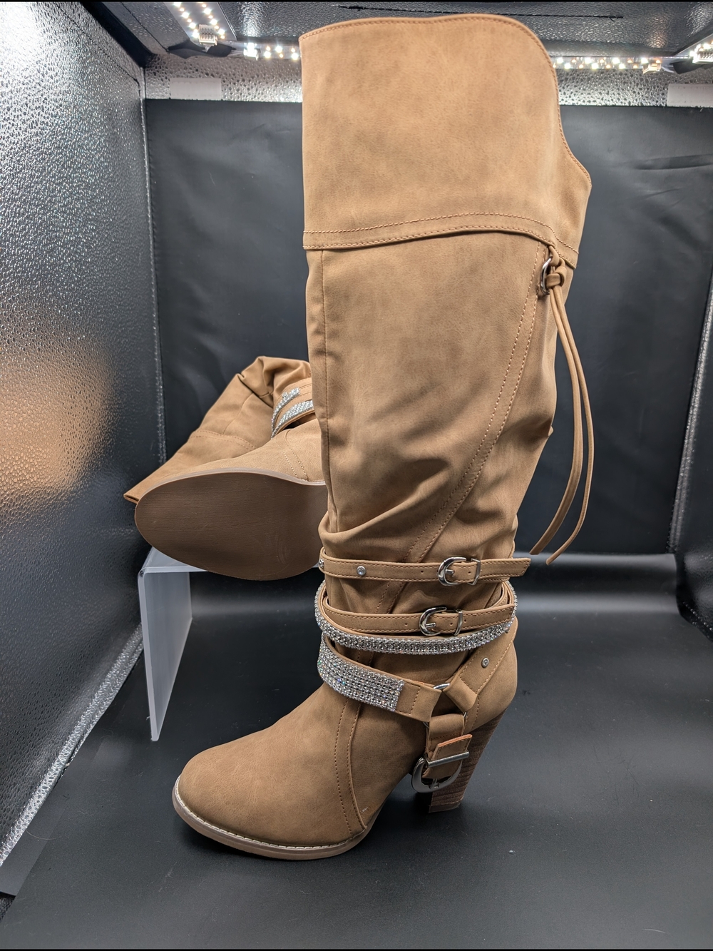 Women's "NWOT" Tan Mid-Calf Heeled Boots with Rhinestone Straps